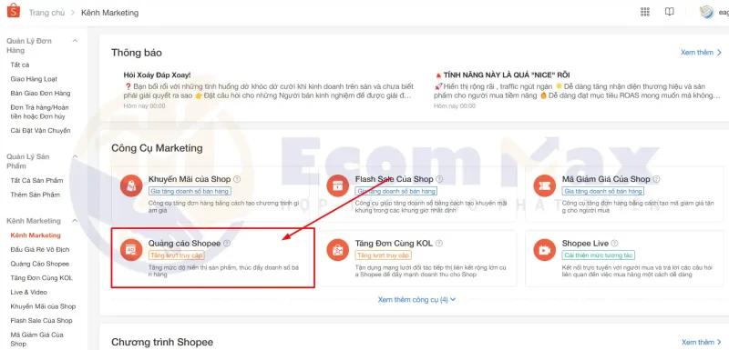 Hướng Dẫn Chạy Quảng Cáo Shopee & Cách Đọc Chỉ Số Tại Kênh Marketing, chọn Quảng cáo Shopee