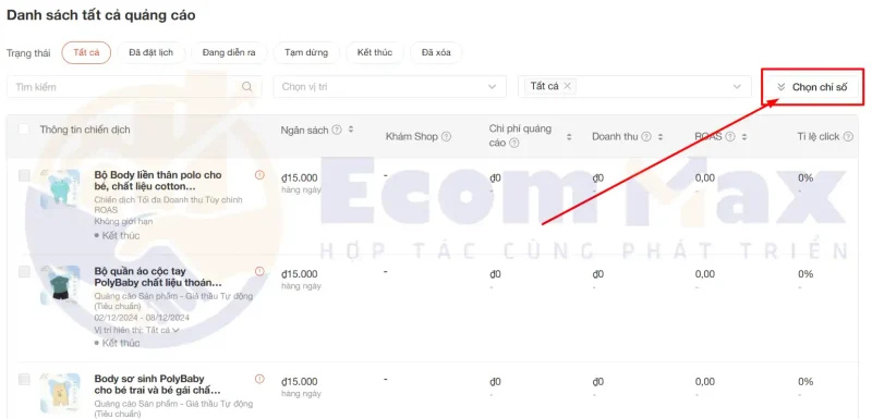 Hướng Dẫn Chạy Quảng Cáo Shopee & Cách Đọc Chỉ Số Chọn chỉ số cần theo dõi