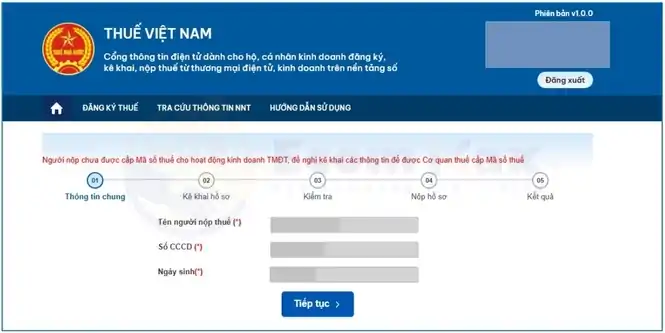 Cập Nhật Cách Đăng Ký Mã Số Thuế Đuôi 888 Cho Người Bán Giao diện đăng ký mã số thuế cho cá nhân kinh doanh thương mại điện tử trên Cổng thông tin thuế Việt Nam.