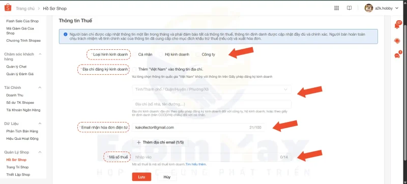 Hướng dẫn Người bán cập nhật Thông tin Thuế và Thông tin Định danh trên Shopee Các thông tin thuế cần cập nhật khi kinh doanh trên Shopee